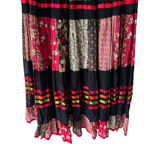 Sacred Threads Patchwork Ribbon Maxi Skirt One Size Elastic Waist Tie Lined Boho - Picture 5 of 16